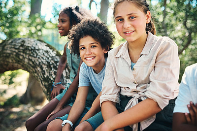 Buy stock photo Shot of a group of teenagers sitting on a tree trunk at summer camp