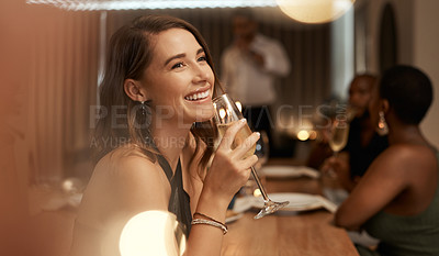 Buy stock photo Happy, dinner party and woman with glass of champagne for special celebration event, friendship reunion or New Year. Fine dining restaurant, friends and elegant girl with alcohol drink to celebrate