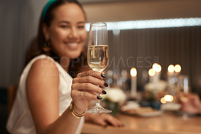 Buy stock photo Woman, champagne and toast celebration portrait in restaurant for dinner party, birthday or new years. Friends, celebrate together and social event for holiday and woman smile with glass of alcohol