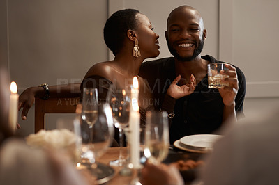 Buy stock photo Love, happy or black couple in restaurant, party or dinner celebration bonding for New years, birthday or anniversary date. Drink, smile or black woman and man for success, toast or alcohol at night