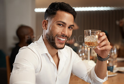 Buy stock photo Man, whiskey glass or toast in night party, luxury dinner event or Portugal New Year celebration in friends social gathering. Portrait, smile or happy person with alcohol or restaurant cocktail drink