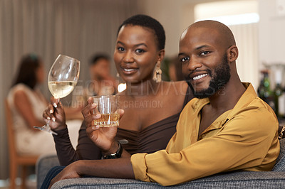 Buy stock photo Wine, relax or couple at party, event or social gathering in celebration of New Year or Christmas dinner. Portrait, black woman and happy black man with luxury whisky to celebrate love goals on dates