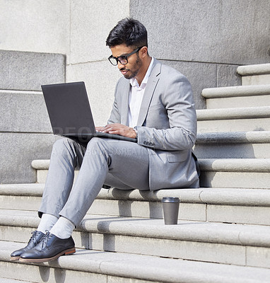 Buy stock photo Man, working and stairs in city with laptop for remote work as crypto investor planning with research. Typing, online and businessman travel with computer for nft, trading and reading news in email