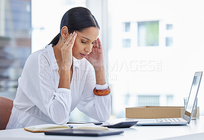 Buy stock photo Woman, headache and frustrated in office, burnout and employee for mental health or anxiety. Female person, audit and stress or fatigue, tired and depression at work or professional in crisis or debt