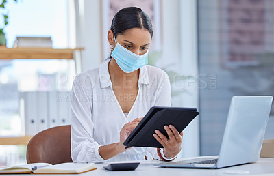 Buy stock photo Tablet, modern office and woman with face mask for virus protection, compliance and health or safety in global pandemic for corporate career. Business person, tech and PPE at workspace from disease