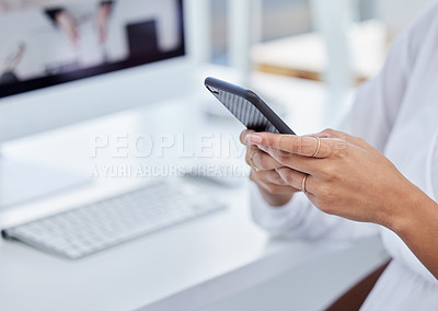 Buy stock photo Hand, woman and smartphone in office for internet search, communication and networking. Cellphone, employee and online research or website for creative ideas, media and planning as interior designer
