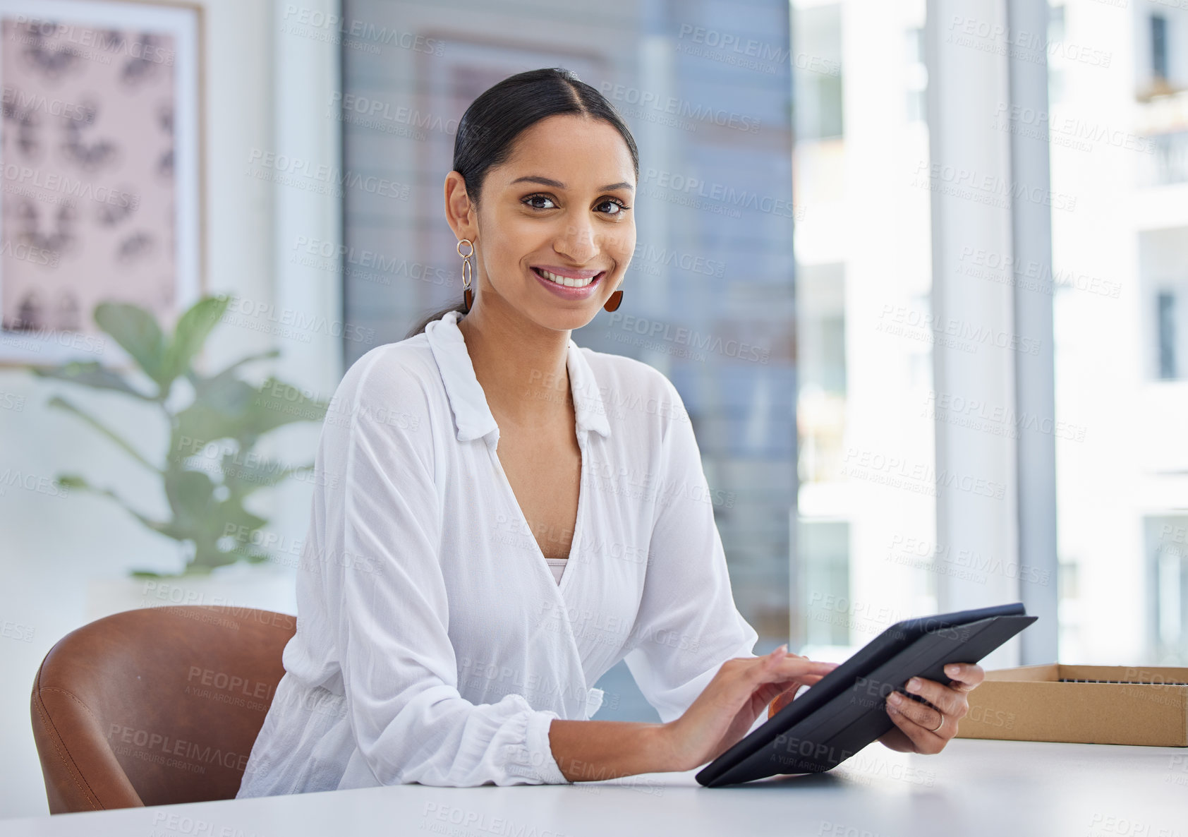 Buy stock photo Business, woman and happy with tablet in office for internet search or website for ideas. Portrait, entrepreneur and smile with confidence as architect for building plans or online blue prints
