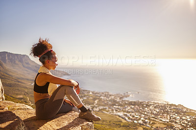 Buy stock photo Relax, peace and black woman on mountain for workout, training or exercise for wellness, sport or health. Yoga, zen or gen z girl by nature, environment or outdoor with for fitness, vision or freedom