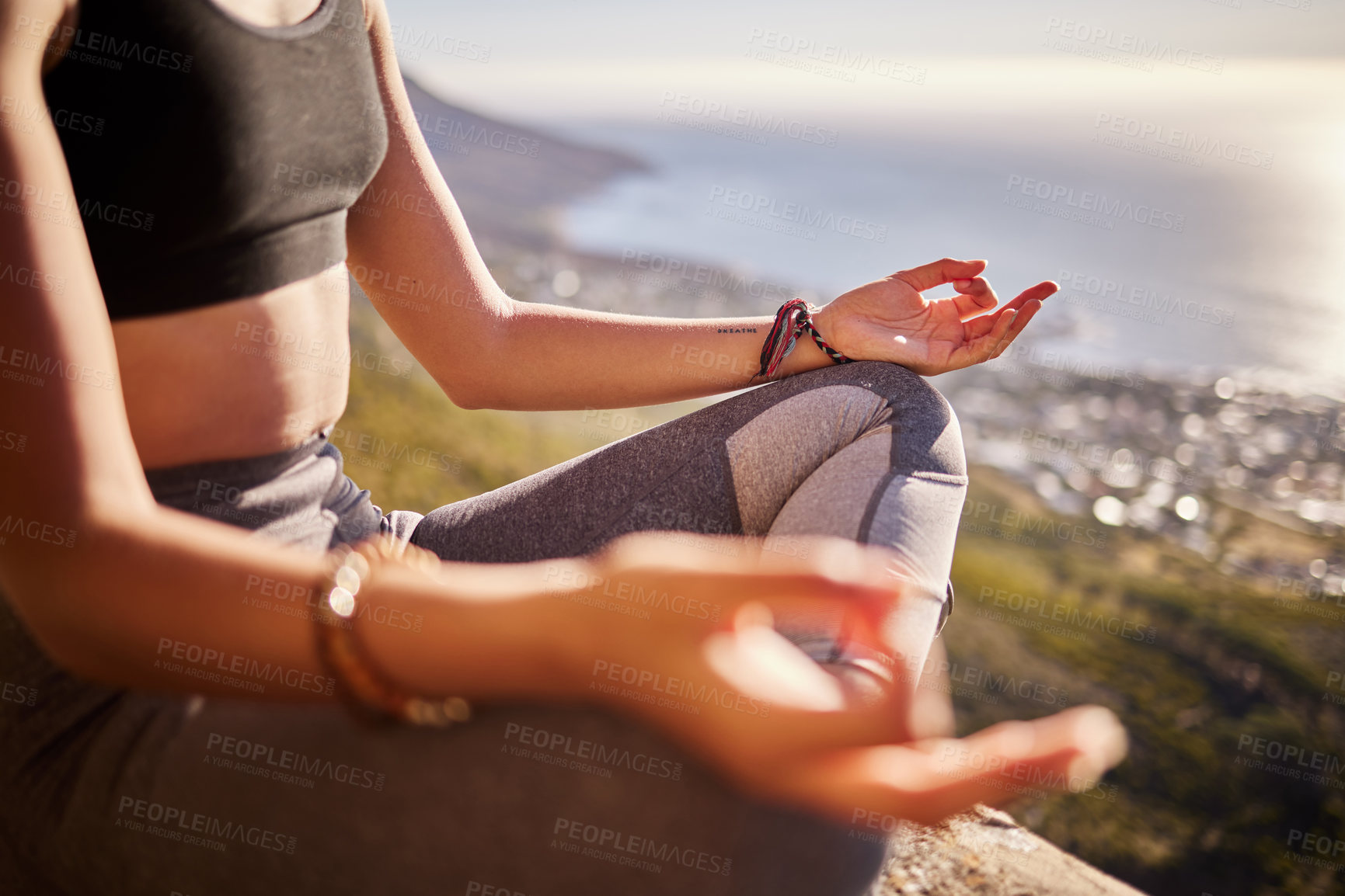 Buy stock photo Hands, peace and black woman on mountain for meditation, yoga and exercise for wellness, sport or health. Workout, zen and person by nature, environment or outdoor with for fitness, lotus or freedom