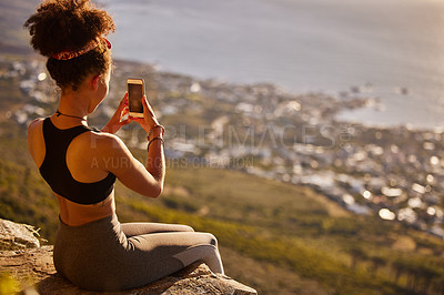 Buy stock photo Photography, peace or woman with smartphone on mountain for yoga, train or exercise for wellness, sport or in back view. Workout, zen or person by nature, environment or outdoor for fitness or vision