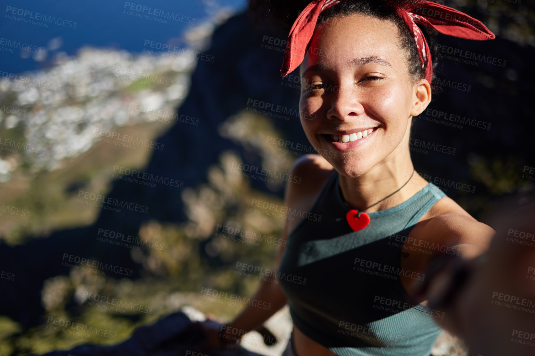 Buy stock photo Woman, selfie and outdoor for hiking, social media post and profile picture in summer for online memories. Happy influencer or content creator and smile on mountain for adventure in spring on mockup