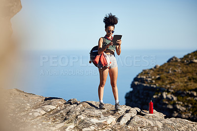 Buy stock photo Mountain, hiking and backpack of woman with tablet for travel guide, networking or fitness blog update. Black person, health and exercise with technology for tourism, information or adventure in Peru