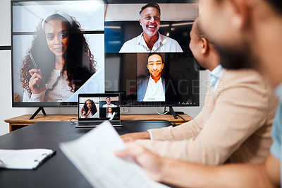 Buy stock photo Video call, meeting and planning with a group of business people in the boardroom for a virtual conference or workshop. Management, webinar and strategy with a corporate team in an office at work