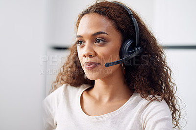Buy stock photo Call center, woman and face of consultant at computer for customer service, technical support and CRM. Female telemarketing agent at desktop for communication, telecom consulting and sales help desk
