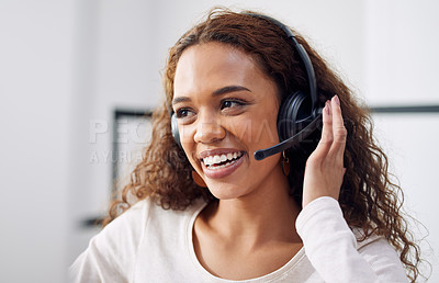 Buy stock photo Call center, working and face of woman in customer service office, crm or telemarketing support, help or consulting worker. Contact us, helping consultant and advice in communication or conversation