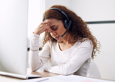 Buy stock photo Call center, woman and headache at computer for stress, burnout and problem with client communication. Tired female telemarketing consultant at desktop with crisis, challenge and bad sales service