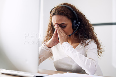 Buy stock photo Call center, headache and woman with stress for computer problem, burnout and brain fog for consulting. Tired female telemarketing consultant at desktop with crisis, anxiety and bad customer service