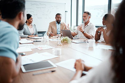 Buy stock photo Business people, meeting and discussion for team planning, working and workplace ideas at the office. Group of employees in teamwork, collaboration or brainstorming for diversity at conference
