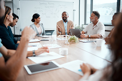 Buy stock photo Business people, diversity and meeting in planning for strategy, brainstorming or sharing ideas at office. Group of employees in team discussion, collaboration or plan in conference at the workplace