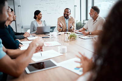 Buy stock photo Business people, meeting and idea for strategy in planning, brainstorming or coaching at the office. Group of employees in team discussion, collaboration or training staff in conference at workplace