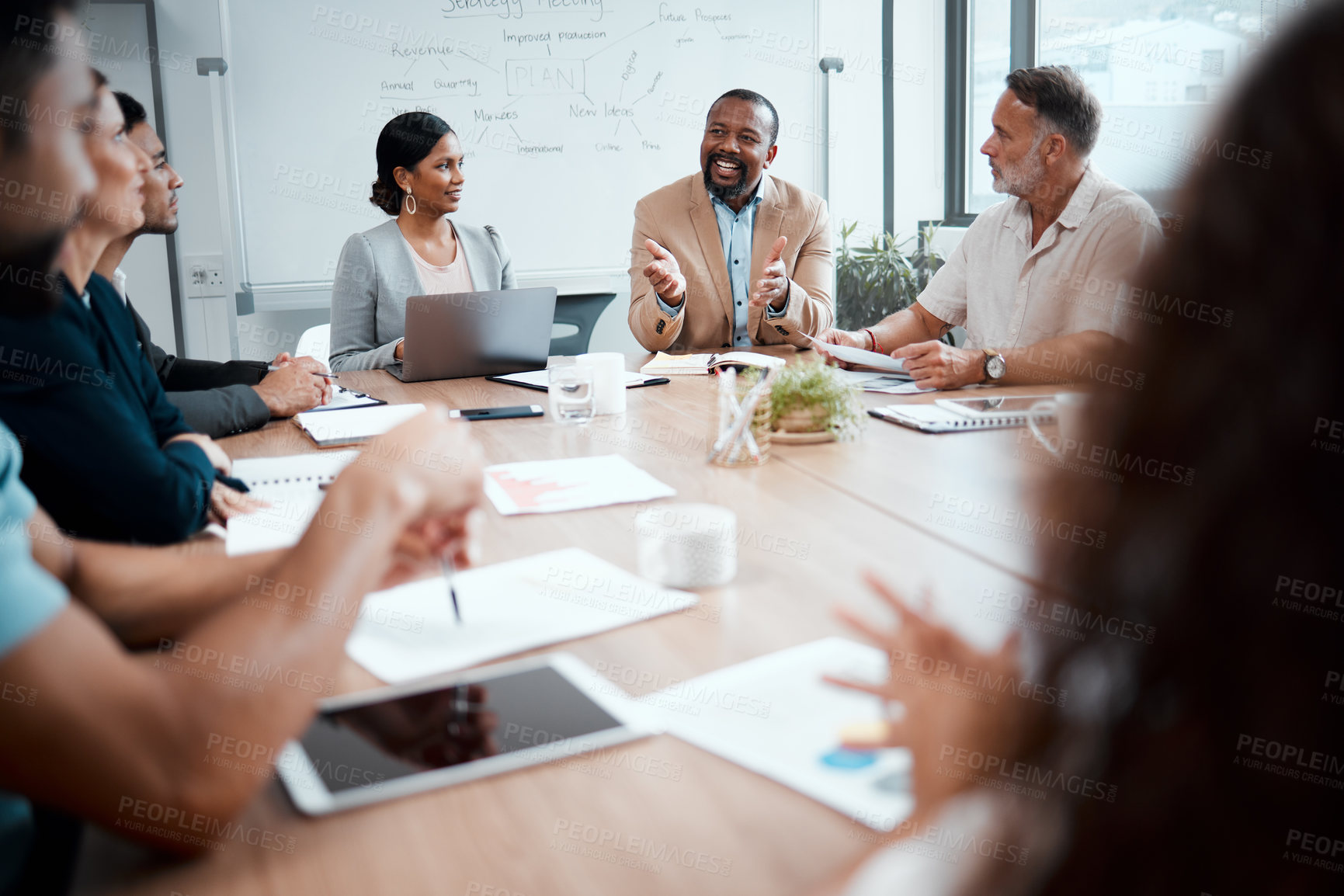 Buy stock photo Business people, meeting and idea for strategy in planning, brainstorming or coaching at the office. Group of employees in team discussion, collaboration or training staff in conference at workplace