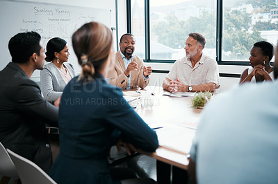 Buy stock photo Business people, coaching and meeting for strategy, brainstorming or planning at office workshop. Group of employees in team discussion, collaboration or project management in conference at workplace