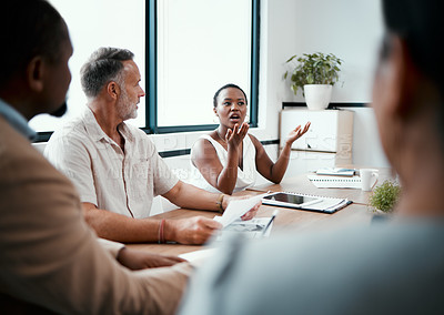 Buy stock photo Black woman, business meeting and planning in teamwork strategy, ideas or brainstorming at office. African female person talking in conference, team collaboration or project management at workplace
