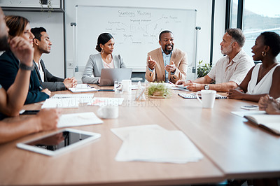 Buy stock photo Business people, teamwork and meeting for strategy, planning or corporate brainstorming discussion at office. Group of employees in team collaboration or communication in conference at the workplace