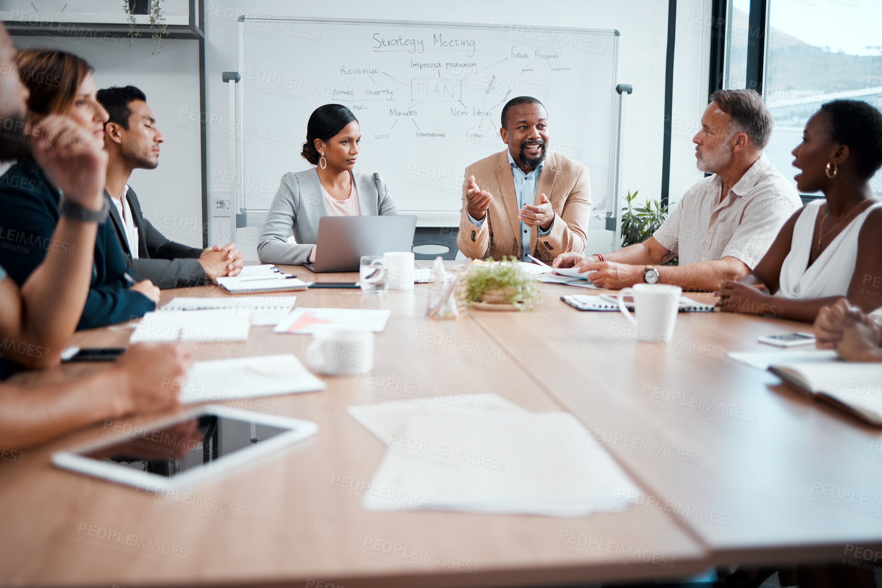 Buy stock photo Business people, teamwork and meeting for strategy, planning or corporate brainstorming discussion at office. Group of employees in team collaboration or communication in conference at the workplace