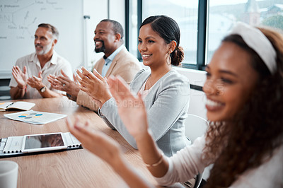 Buy stock photo Business people, applause and meeting in conference, presentation or team seminar at the office. Happy group of employees clapping for teamwork, support or motivation in boardroom at the workplace