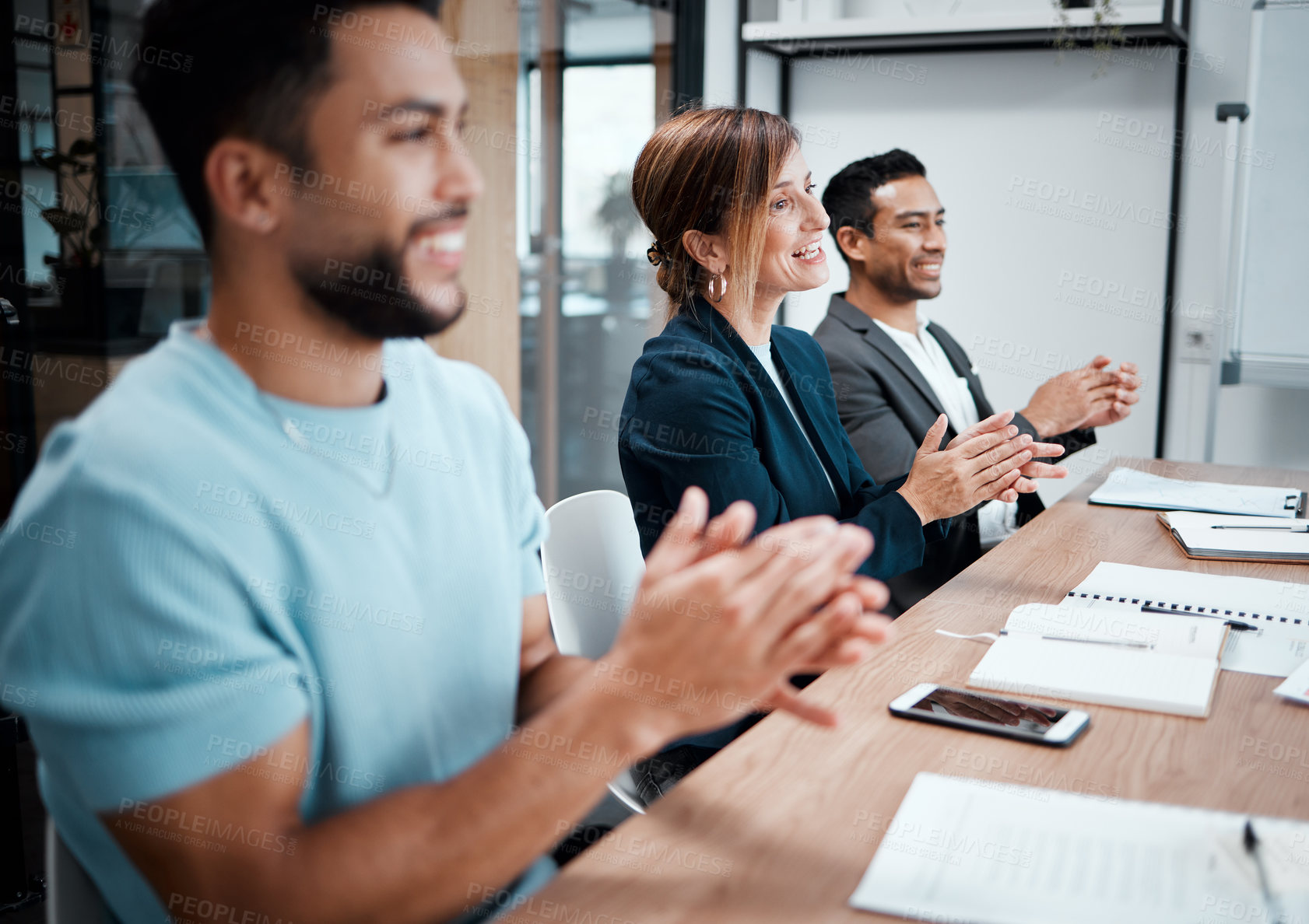 Buy stock photo Happy, business people and applause in meeting for presentation, growth or team seminar at the office. Group of employees clapping in conference for teamwork, support or motivation at the workplace