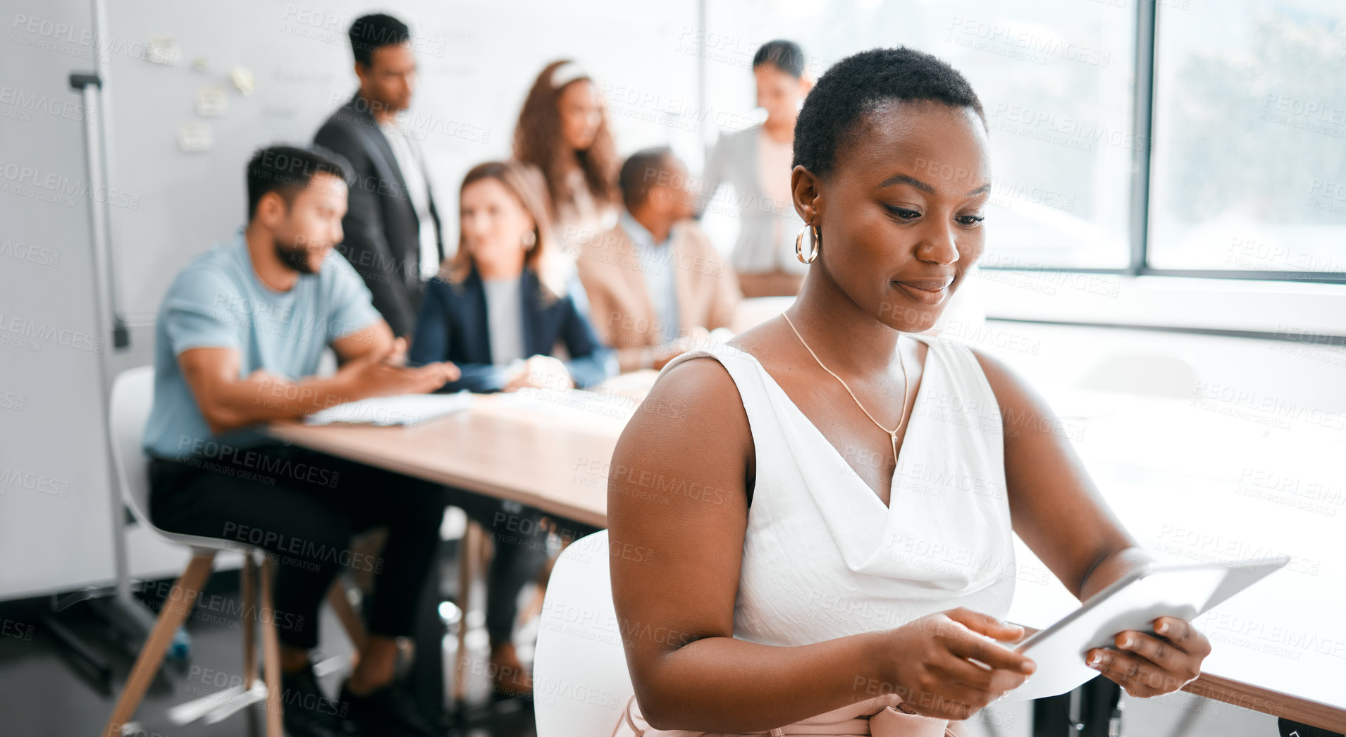 Buy stock photo Black woman in business, smile with tablet in conference room, leadership and meeting with corporate group. Team leader, wireless tech and female person with presentation and professional mindset
