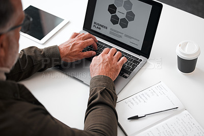 Buy stock photo Book, desk and businessman with hand on laptop for business plan, strategy and research proposal. Accountant, mature person and tech with chart for financial analysis, info and review in high angle