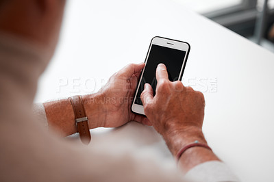 Buy stock photo Mock up, smartphone and screen with hands in office, tech and communication device for work. Business person, advertising and website for branding or company logo, internet research or networking