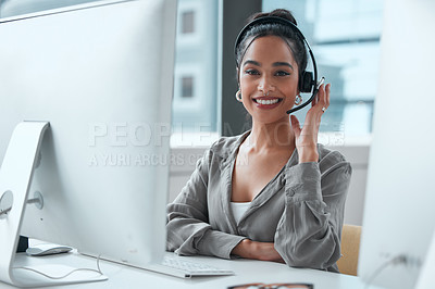 Buy stock photo Call center, computer and portrait of woman consultant in office for online consultation or contact. Telemarketing, career and technical support or customer service agent with desktop in workplace.