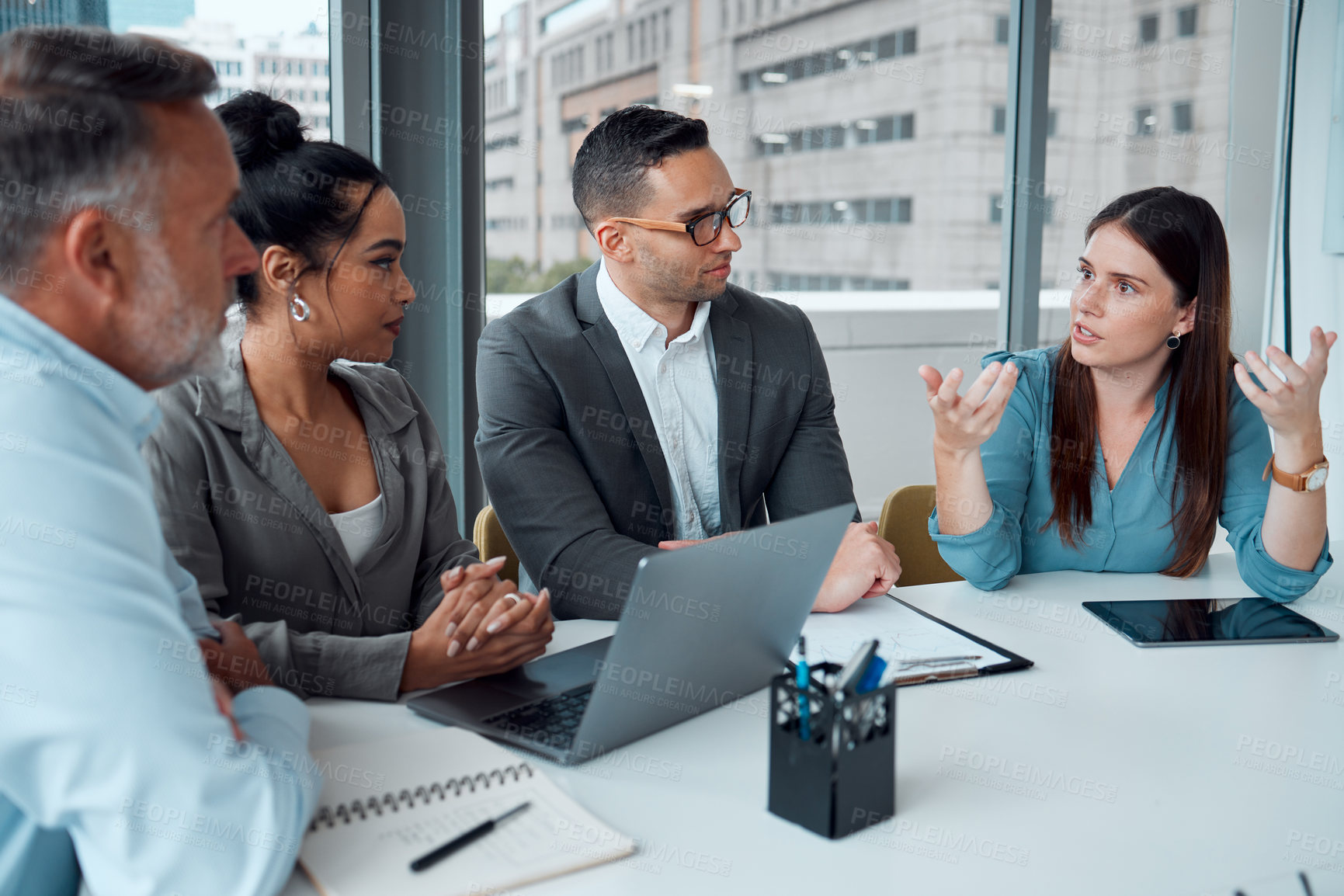 Buy stock photo Team, laptop and discussion planning strategy for ecommerce finance, target goals and startup sales in office. Business people, leader communication and teamwork or tech data management conversation