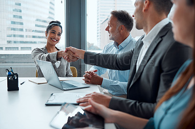 Buy stock photo Business woman, handshake and partnership meeting for b2b interview, contract and thank you in office. Teamwork, corporate tech employees and shaking hands for happy onboarding conversation or deal