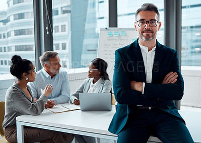 Buy stock photo Portrait, arms crossed and business man, ceo or entrepreneur in meeting. Face, professional glasses and serious executive, mature leader or manager with confidence, pride for career and leadership.