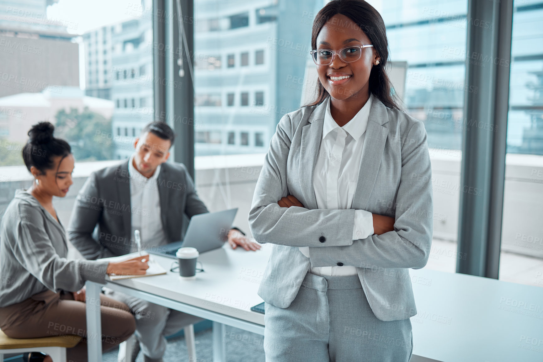 Buy stock photo Portrait, arms crossed and black woman, lawyer and entrepreneur in meeting. Face, glasses and business smile of African female law professional with confidence, career pride and leadership in office.