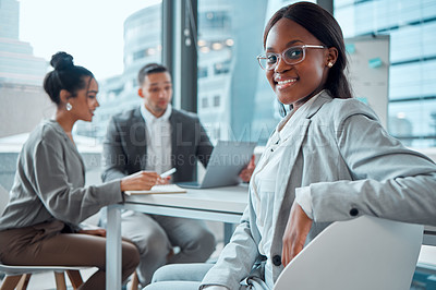 Buy stock photo Portrait, smile and black woman, lawyer and meeting in office workplace. Face, intern and business entrepreneur or African female law professional with confidence, career pride or mindset at work