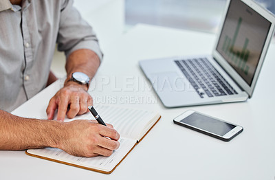 Buy stock photo Technology, hand or writing on notebook for results, planning or notes for work in corporate career. Paper, digital or business person for agenda in office, workspace or at desk with graphs on screen