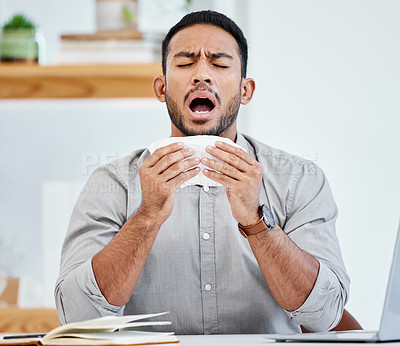 Buy stock photo Sneeze, allergies and business man in office with tissue for sick, illness and healthcare. Allergy, flu and disease with corporate male employee blowing nose at desk for virus, sneezing and hayfever