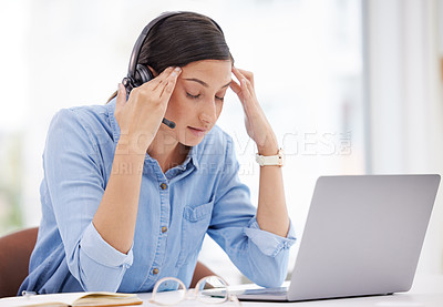 Buy stock photo Woman, call centre and laptop in office with headache or stress, anxiety and frustrated from burnout. Fatigue, female person and headset for customer service agent with migraine from work pressure 