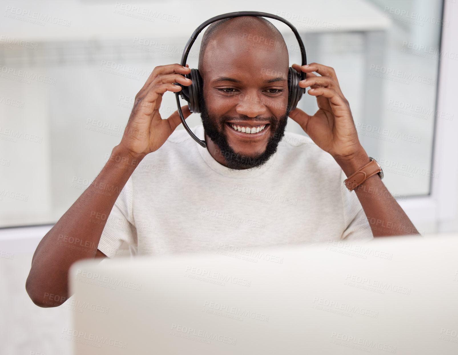 Buy stock photo Call center, smile and black man with headset in office for CRM, customer service or voter helpline. Advisor, support and consult agent with computer for contact us, assistance or talking to client