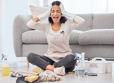 Buy stock photo Stress, cleaning and woman screaming with depression in home for hygiene, crisis or mental health challenge. Sad person, housework and tired of chores, shouting and frustrated with anxiety in lounge