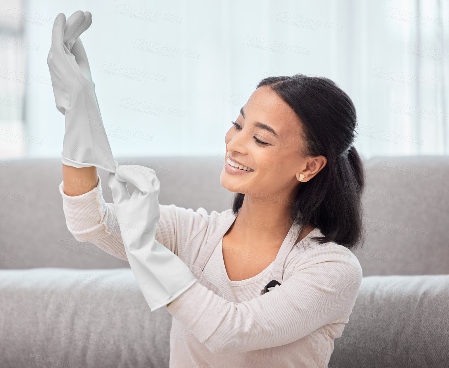 Buy stock photo Woman, cleaner and happy with gloves in home for housework, spring cleaning and housekeeping. Person, health and smile with protection for dirt, dust and safety for domestic chores in living room