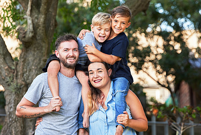 Buy stock photo Portrait, mom and dad with kids in bonding as family in outdoor for together, happy and cheerful. Parents, children and hug with boys as brothers in garden at home for connection, love and support