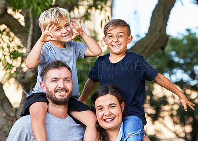 Buy stock photo Portrait, mother and father with kids together as family in outdoor for bonding, happy and funny expressions. Parents, children and hug with boys in garden at home for connection, love and support