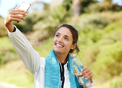 Buy stock photo Woman, selfie and bottle with water to drink, health or hydration for sports, training or workout. Outdoor, female person and athlete with picture after exercise for fitness, wellness and cardio