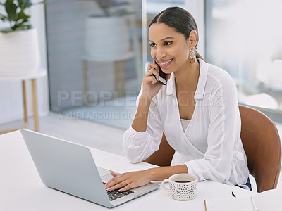 Buy stock photo Business, woman and phone call with laptop by desk for communication, networking and online planning. Professional, employee and happy with smartphone for discussion, mobile chat and virtual meeting